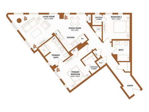 A brown floor plan of a house with a living room, dining room, kitchen, two bedrooms, two bathrooms, a primary bedroom, a spacious closet, and an entry.